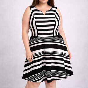 Torrid Plus Size 2 (2X) Black White Stripe Fit & Flare Sleeveless Dress Stretch